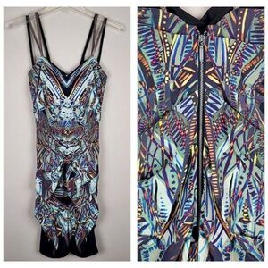 Nicole Miller Size 2 Silk Multicolor Mini Dress Spaghetti Straps